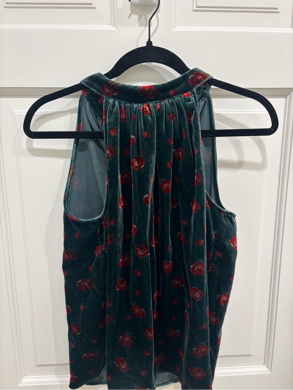 LOFT Green Velvet Halter Tank with Red Floral Print